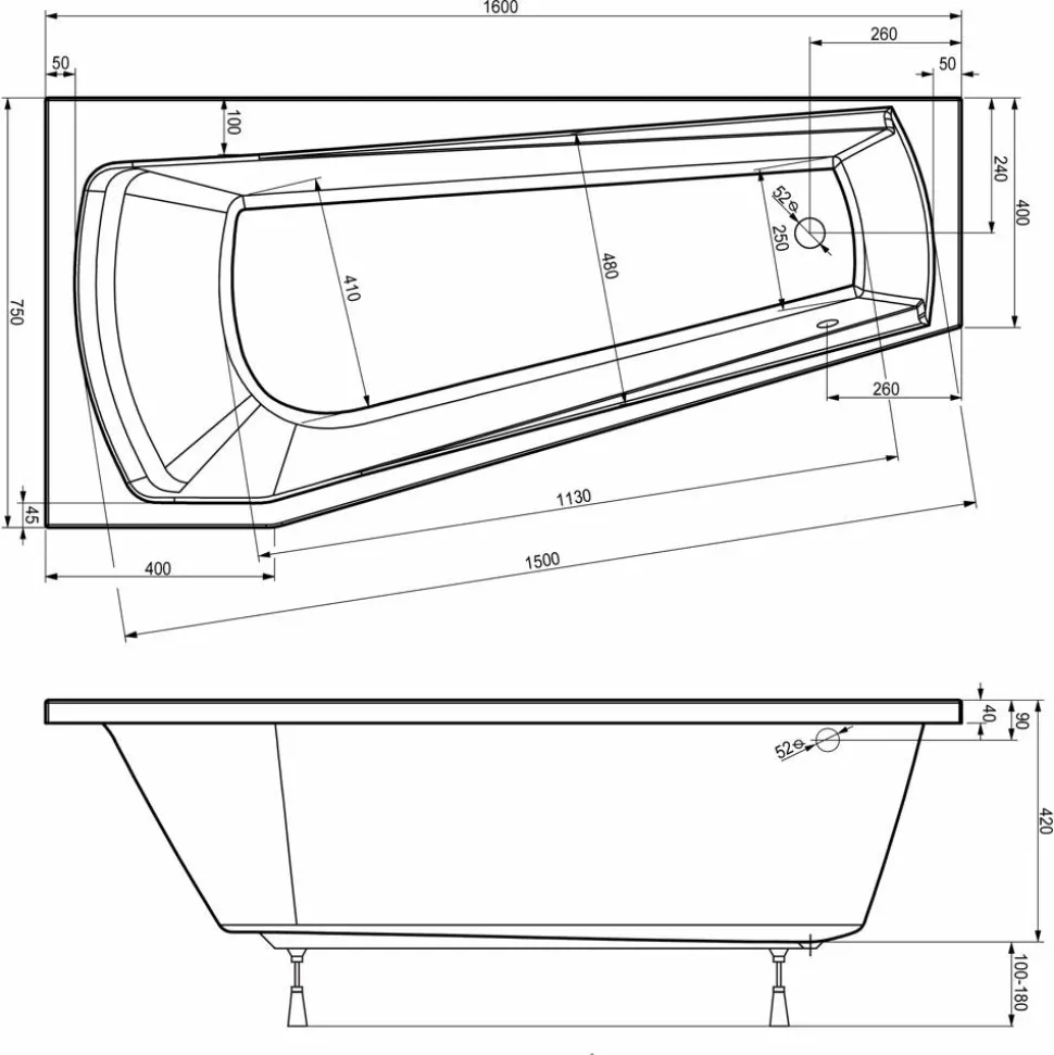 Badewanne "Bahia" 160 x 75 cm weiß rechts