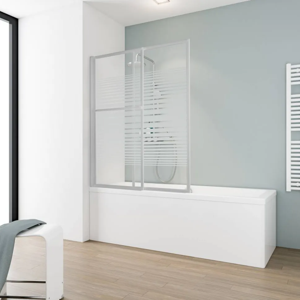 Badewannenfaltwand ausziehbar 2-teilig 'Komfort' Echtglas Dekor Querstreifen, Alu-Natur 70 - 118 x 140 cm
