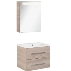 Badmöbelset 'b.clever' Spiegelschrank und Waschbecken mit Unterschrank weiß/Alaska Esche