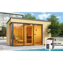 Design-Saunahaus 'Cubilis' mit Sauna Varberg 3 und 7,5 kW OS-Ofenset, Steuerung 380 x 300 x 249 cm