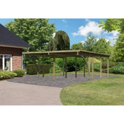 Doppelcarport 'Eco 2' 563 x 676 cm Kiefer KDI PVC-Dach, mit zwei Einfahrtsbögen