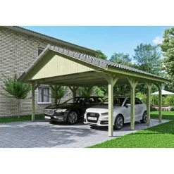 Doppelcarport 'Wallgau' mit Dachlattung 620 x 600 cm natur