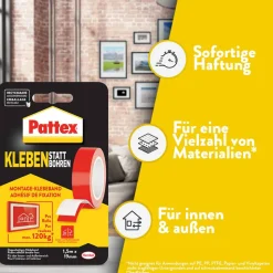 Doppelseitiges Klebeband 'Kleben statt Bohren' rot 19 mm x 1,5 m