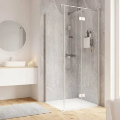 Drehfalttür mit Seitenwand 'Garant 2.0' Anschlag rechts Alu-Naturfarben für Duschwanneneinbaumaß 875 - 900 / 880 - 900 mm