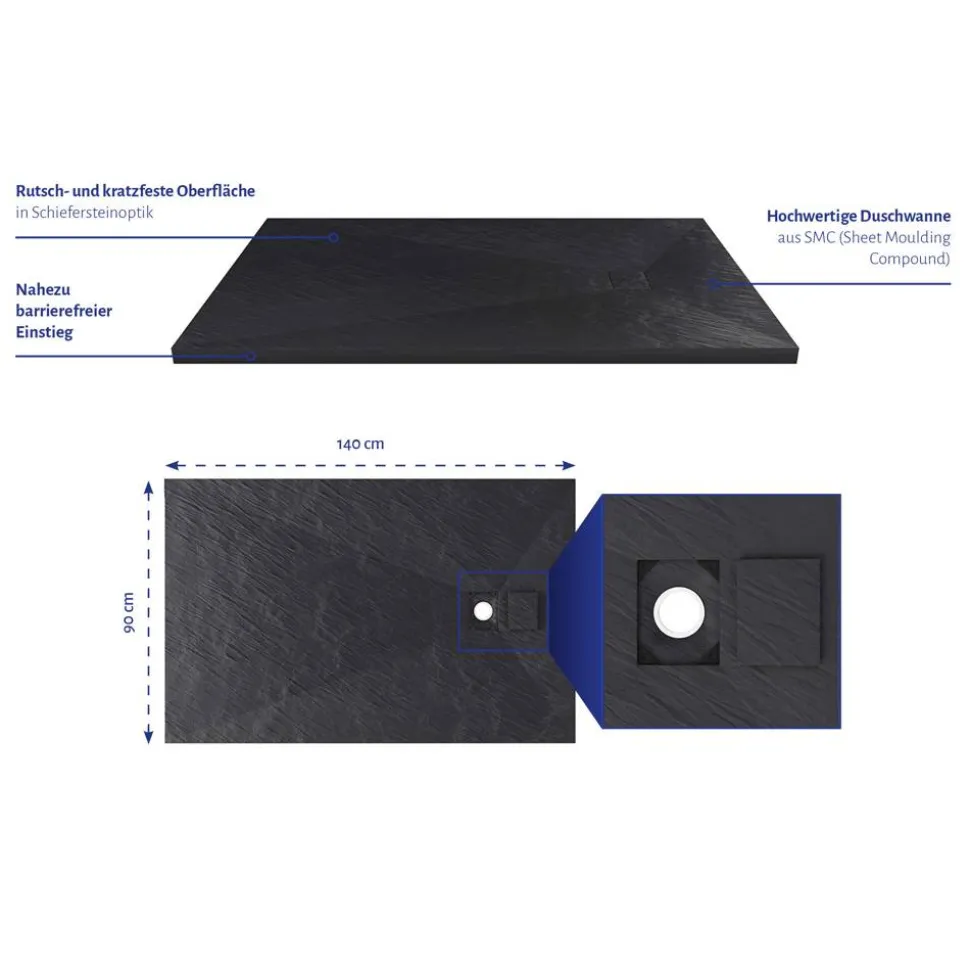 Duschwanne 'Stone' schwarz 90 x 140 x 2,6 cm