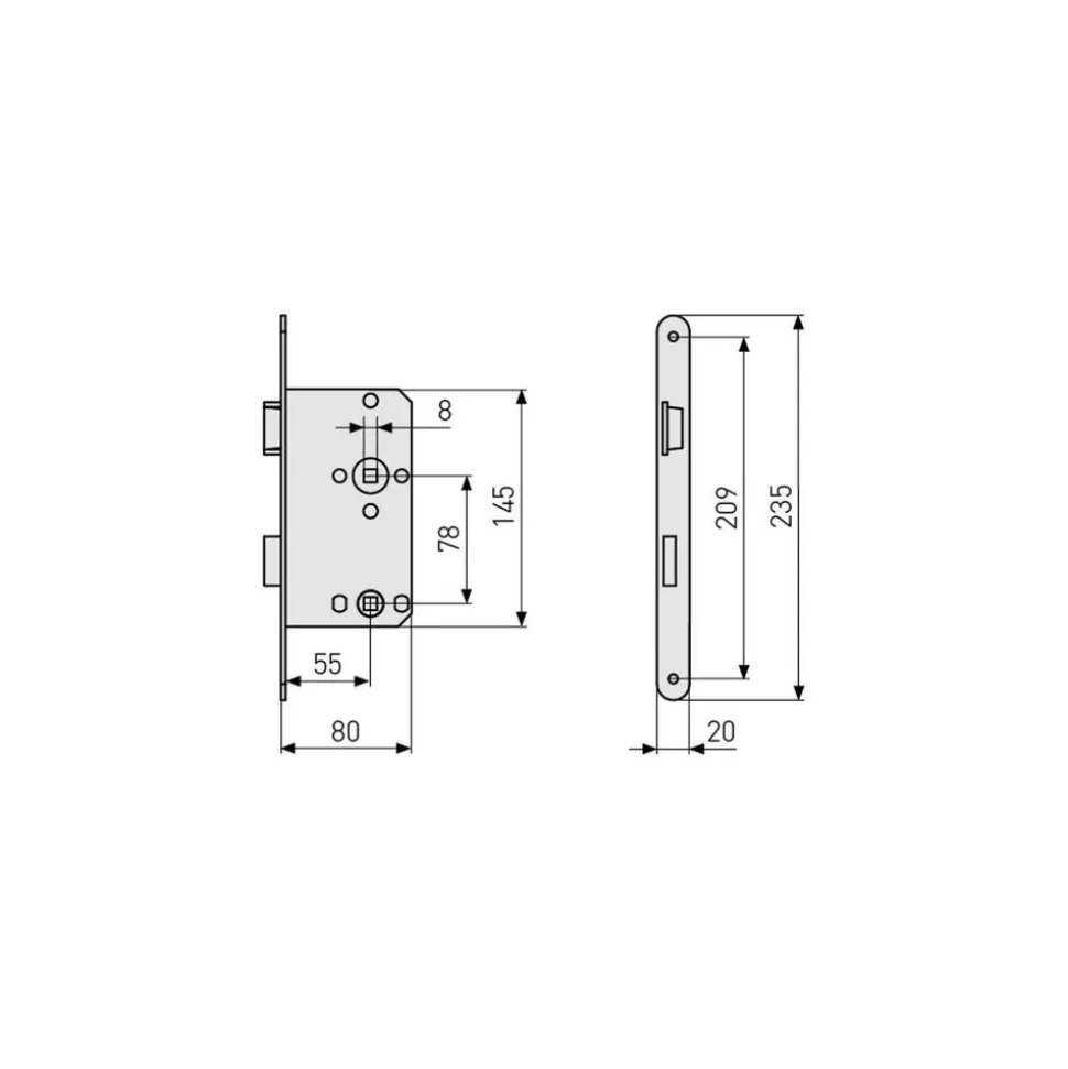 Einsteckschloss 'ES WC' rechts silber 55/78 mm