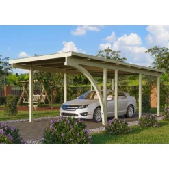 Einzelcarport 'Eco 2' 304 x 676 cm Kiefer KDI PVC-Dach, mit einem Einfahrtsbogen