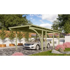 Einzelcarport 'Eco 2' 304 x 676 cm Kiefer KDI PVC-Dach, mit einem Einfahrtsbogen
