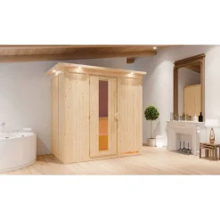 Elementsauna 'Aina' naturbelassen mit Kranz und Energiespartür 210 x 132 x 202 cm