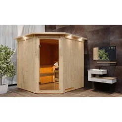 Elementsauna 'Alicia' naturbelassen mit Kranz 9 kW Bio-Ofen externe Steuerung Easy 210 x 210 x 202 cm