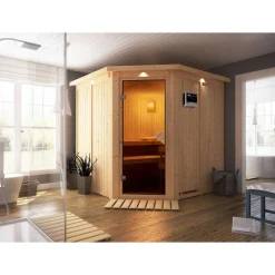 Elementsauna 'Alicia' naturbelassen mit Kranz 9 kW Bio-Ofen externe Steuerung Easy 210 x 210 x 202 cm