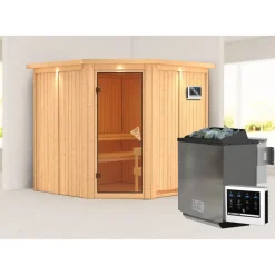 Elementsauna 'Alicia' naturbelassen mit Kranz 9 kW Bio-Ofen externe Steuerung Easy 210 x 210 x 202 cm