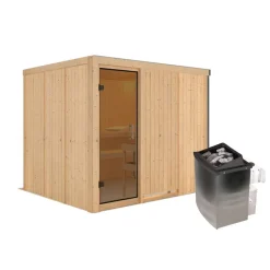 Elementsauna 'Alisa' naturbelassen mit graphitfarbener Tür 9 kW Ofen integrierte Steuerung 231 x 196 x 198 cm