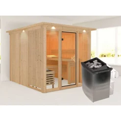 Elementsauna 'Arabella' naturbelassen mit Kranz bronzierter Tür und Glasfront 9 kW Ofen integrierte Steuerung 240,5 x 248 x 202 cm