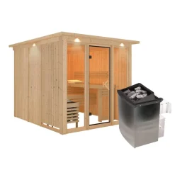 Elementsauna 'Arabella' naturbelassen mit Kranz bronzierter Tür und Glasfront 9 kW Ofen integrierte Steuerung 240,5 x 248 x 202 cm