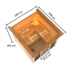 Elementsauna 'Arabella' naturbelassen mit Kranz bronzierter Tür und Glasfront 9 kW Ofen integrierte Steuerung 240,5 x 248 x 202 cm