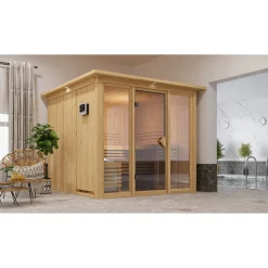 Elementsauna 'Arabella' naturbelassen mit Kranz bronzierter Tür und Glasfront 9 kW Ofen integrierte Steuerung 240,5 x 248 x 202 cm