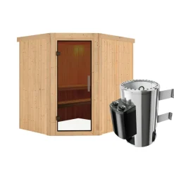 Elementsauna 'Carolina' naturbelassen mit graphitfarbener Tür 3,6 kW Ofen integrierte Steuerung 196 x 170 x 198 cm