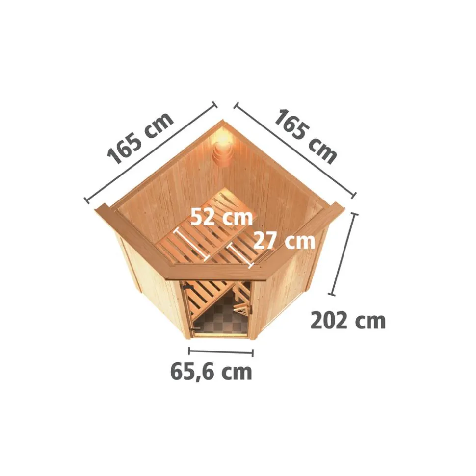 Elementsauna 'Valeria' naturbelassen mit Energiespartür und Kranz 3,6 kW Ofen integrierte Steuerung 165 x 165 x 202 cm