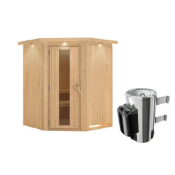 Elementsauna 'Valeria' naturbelassen mit Energiespartür und Kranz 3,6 kW Ofen integrierte Steuerung 165 x 165 x 202 cm