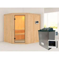 Elementsauna 'Varberg' natur 9 kW Ofen, Steuerung Easy, Glastür, Zubehörpaket 178 x 196 x 198 cm