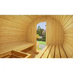 Fasssauna '198 Sparset 2' natur 9,0 kW OS-Ofen Steuerung Glastür 210,5 x 255,5 x 217,5 cm