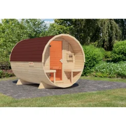 Fasssauna Größe 2 naturbelassen mit roten Schindeln 225 x 295 x 229 cm