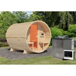 Fasssauna Größe 2 naturbelassen 9 kW Bio-Ofen externe Steuerung 225 x 295 x 229 cm