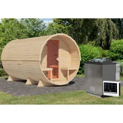 Fasssauna Größe 3 naturbelassen 9 kW Bio-Ofen externe Steuerung 225 x 385 x 229 cm