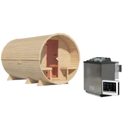 Fasssauna Größe 3 naturbelassen 9 kW Bio-Ofen externe Steuerung 225 x 385 x 229 cm