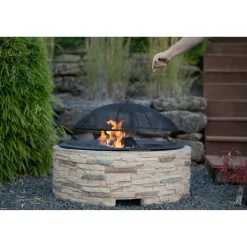 Feuerstelle Steinoptik braun mit Abfanggitter Stahl 90 x 90 x 51 cm