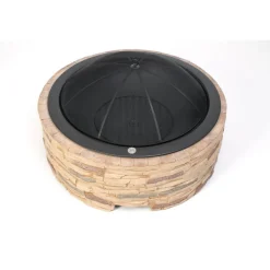 Feuerstelle Steinoptik braun mit Abfanggitter Stahl 90 x 90 x 51 cm