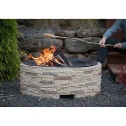 Feuerstelle Steinoptik braun mit Abfanggitter Stahl 90 x 90 x 51 cm