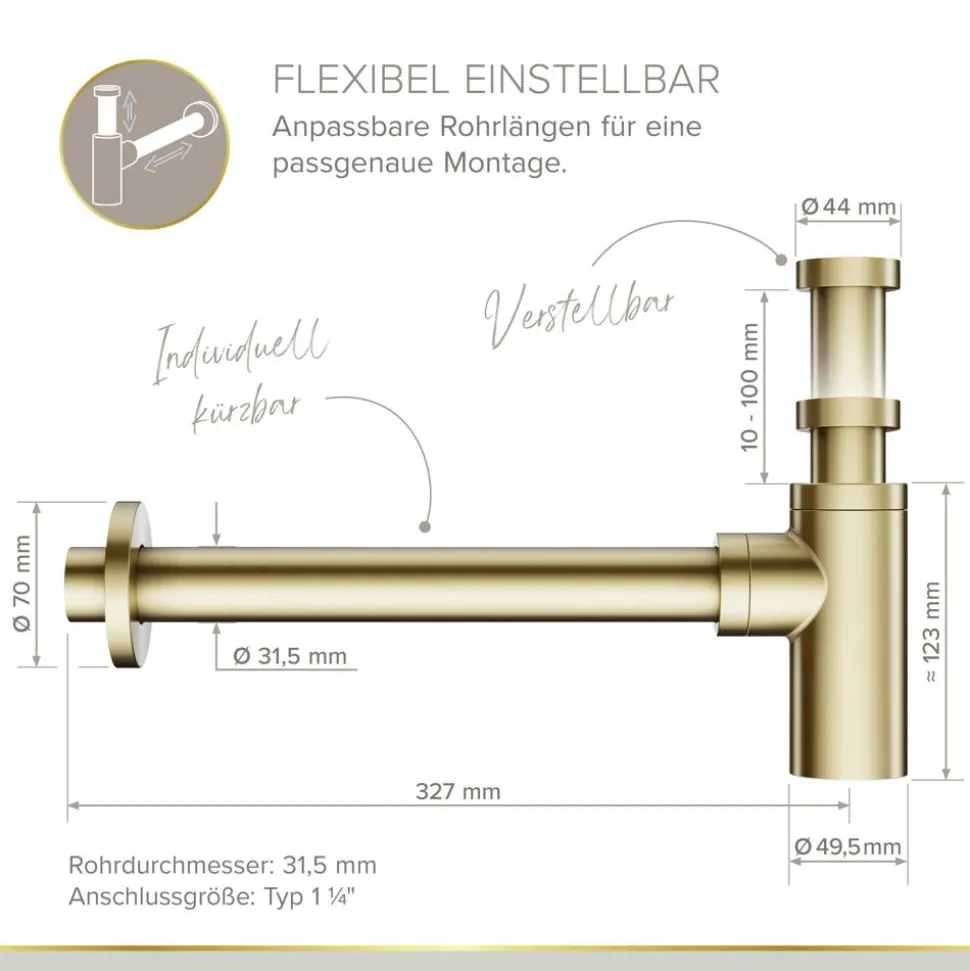 Flaschensiphon 'Juri' gold, 1 1/4" x Ø 32 mm
