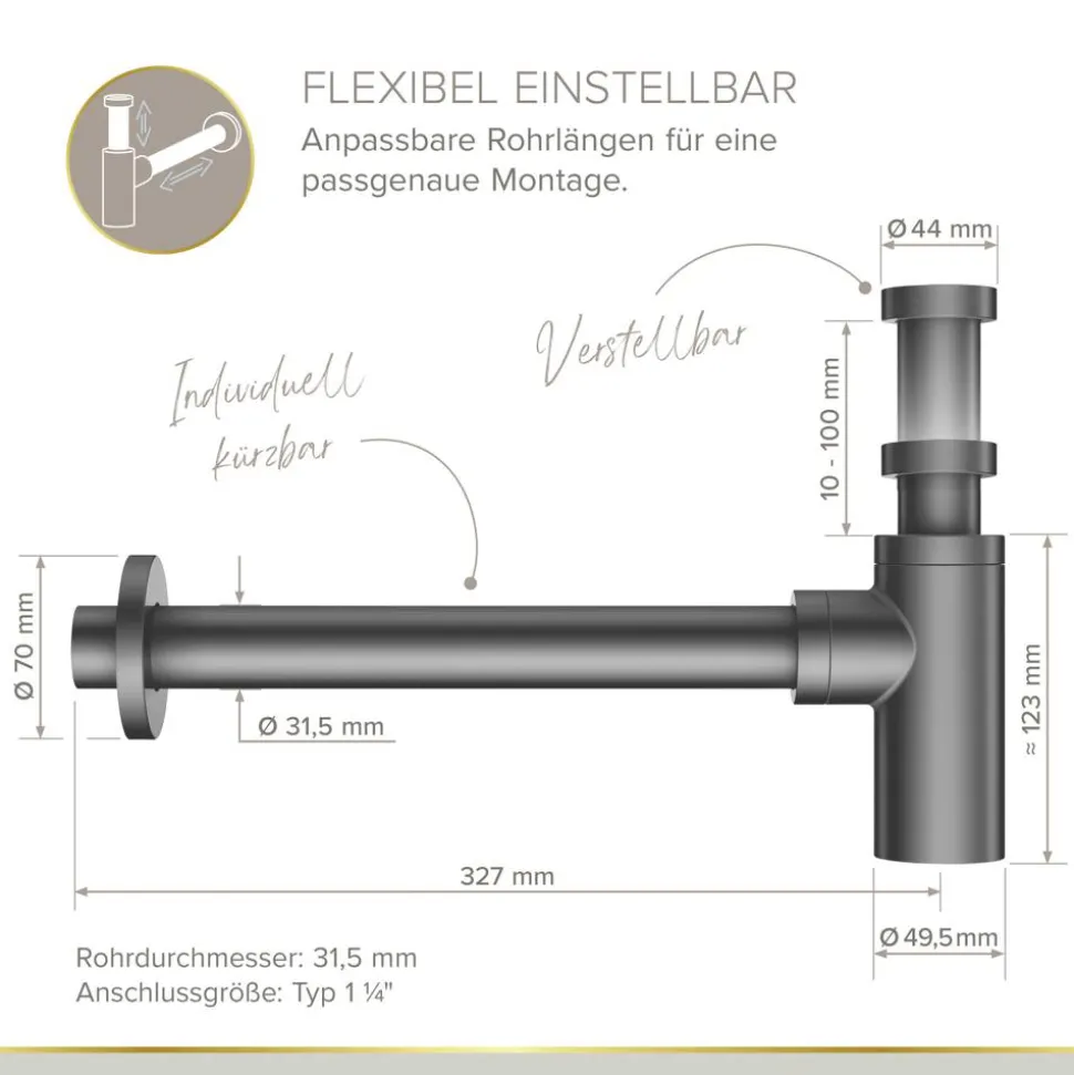 Flaschensiphon 'Juri' graphit, 1 1/4" x Ø 32 mm