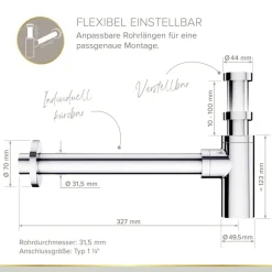 Flaschensiphon 'Juri' verchromt, 1 1/4" x Ø 32 mm