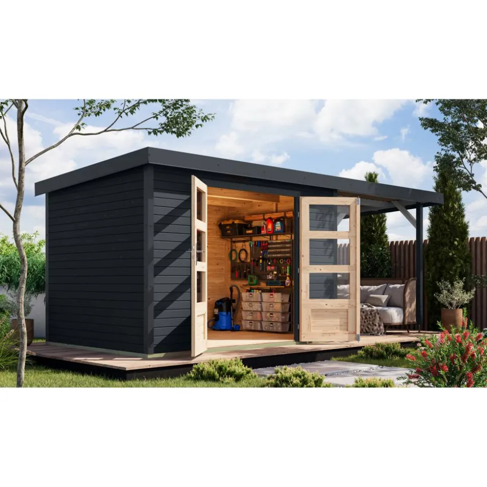 Gartenhaus-Set 'Komet 4 C' Fichtenholz anthrazit / anthrazit mit Anbaudach 2,35 m breit 514,5 x 209 x 213,5 cm