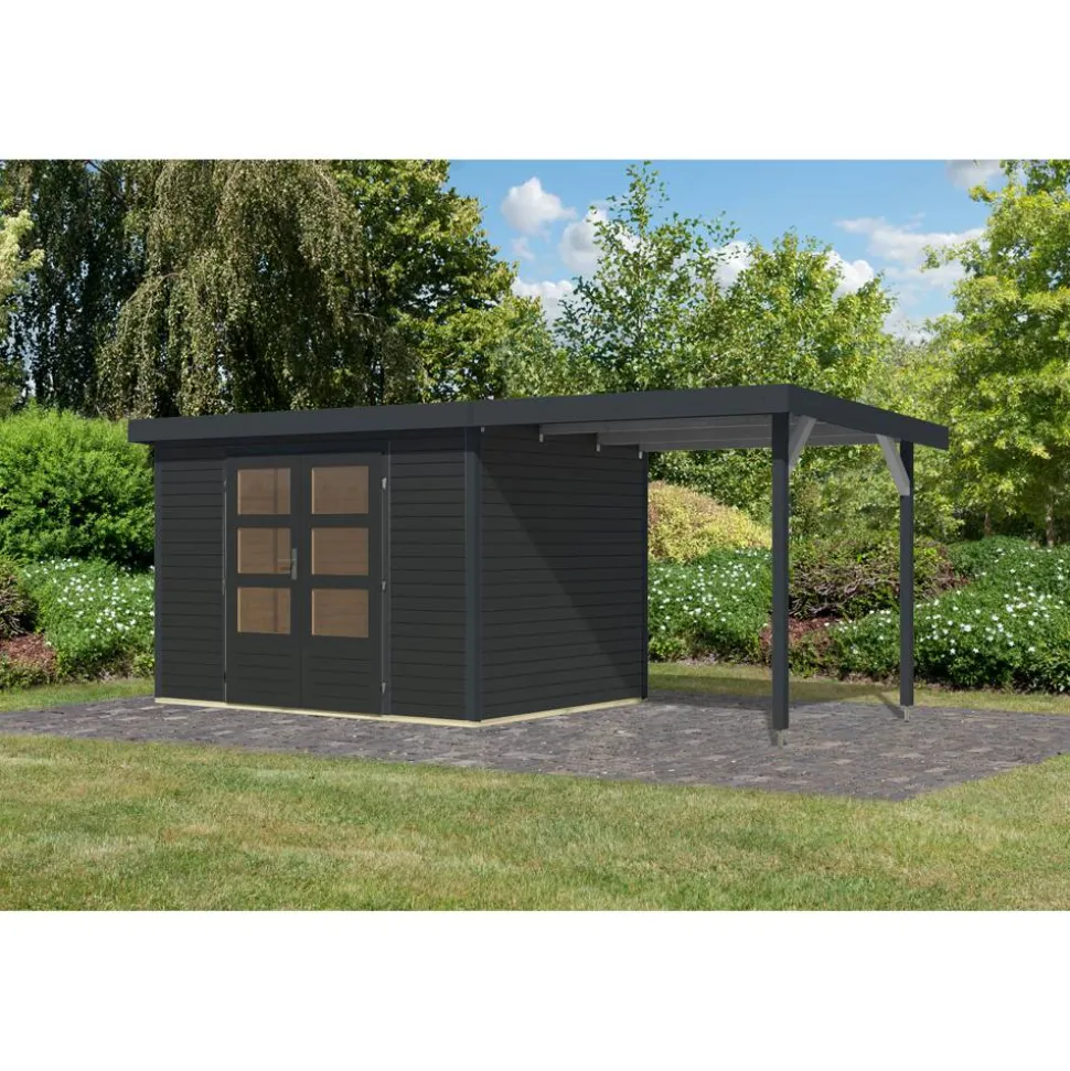 Gartenhaus-Set 'Komet 4 C' Fichtenholz anthrazit / anthrazit mit Anbaudach 2,35 m breit 514,5 x 209 x 213,5 cm
