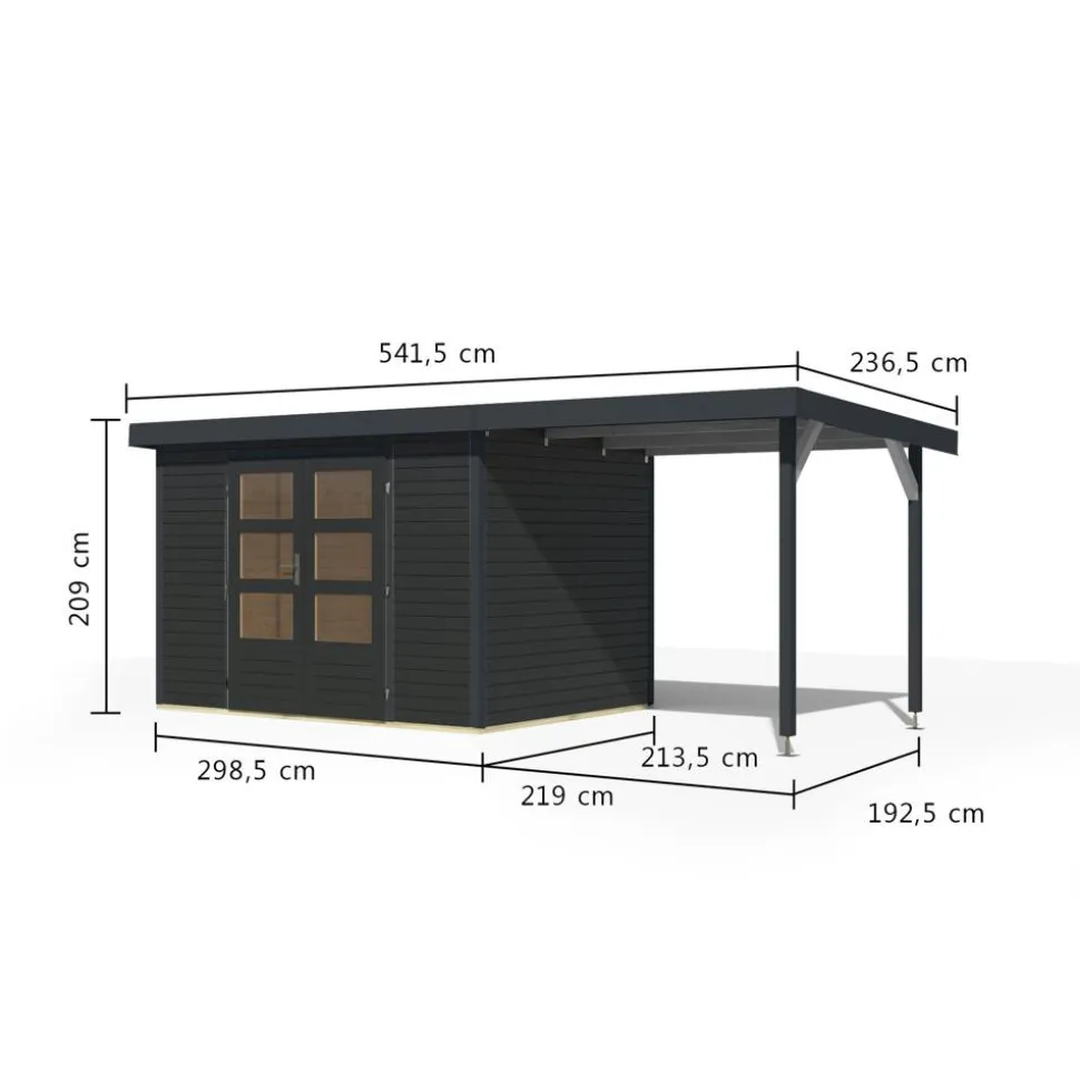 Gartenhaus-Set 'Komet 4 C' Fichtenholz anthrazit / anthrazit mit Anbaudach 2,35 m breit 514,5 x 209 x 213,5 cm