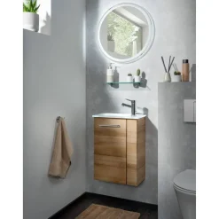 Glaswaschbecken mit Unterschrank 'SBC' Hahnloch rechts weiß/Eichefarben 45 x 61,5 x 25 cm