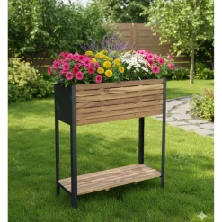 Hochbeet 'Leonie' Akazienholz/Stahlrahmen naturfarben/schwarz 90 x 100 x 31 cm