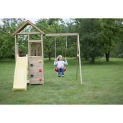 Holz-Spielturm 'Pelikan' natur Rutsche, Kletterwand, Schaukel und Sitzgarnitur 280 x 270 x 270 cm