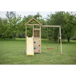 Holz-Spielturm 'Pelikan' natur Rutsche, Kletterwand, Schaukel und Sitzgarnitur 280 x 270 x 270 cm