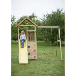 Holz-Spielturm 'Pelikan' natur Rutsche, Kletterwand, Schaukel und Sitzgarnitur 280 x 270 x 270 cm