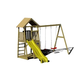 Holz-Spielturm 'Pinguin' natur Rutsche, Kletterwand, 2 Schaukeln und Sandkasten 280 x 340 x 270 cm