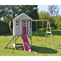 Holz-Stelzenhaus 'Alpaka' natur mit Rutsche, Schaukel und Sandkasten 290 x 350 x 242 cm