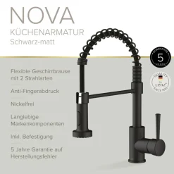 Küchenarmatur 'Nova' schwarz-matt mit Pendelbrause
