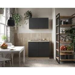Küchenmöbel-Set 'Merle 2' schwarz/eichefarben mit Spüle 100 cm