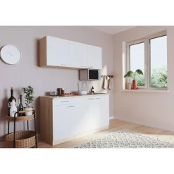 Küchenzeile 'Luis' mit E-Geräten weiß/eichefarben 150 cm ohne Kühlschrank