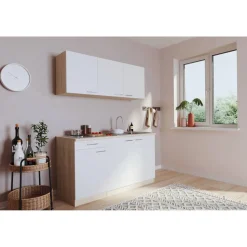 Küchenzeile 'Luis' mit E-Geräten weiß/eichefarben 150 cm ohne Kühlschrank